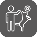 Trainer and dog obedience training icon with a leash, showing hand-signal guidance for a dog command session